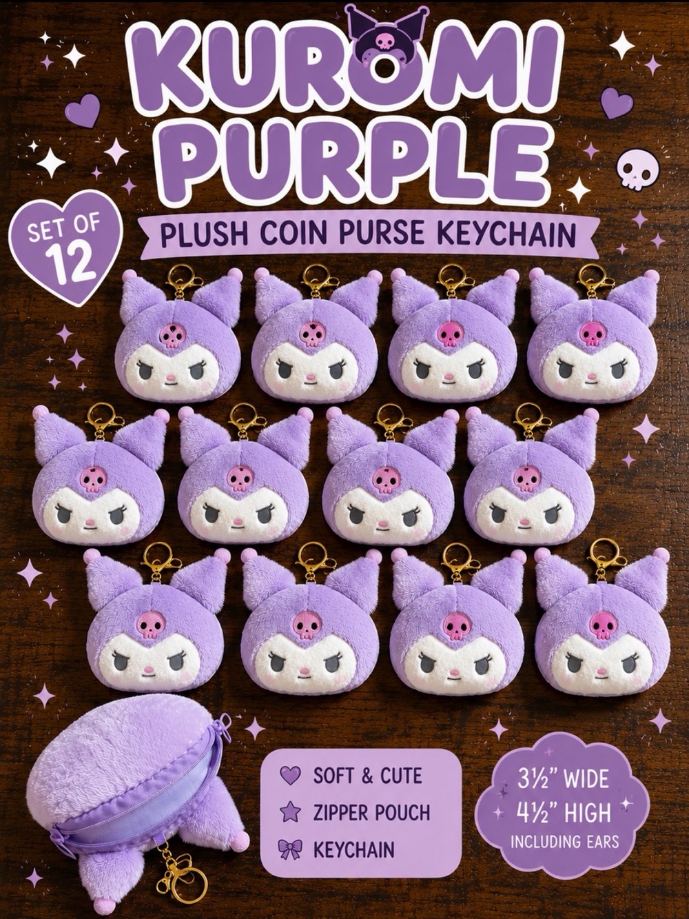 Kuromi Purple Plush Coin Purse Keychain Set of 12 Cute Character Bags
